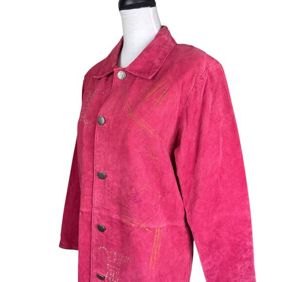 Look East Red Asian Geisha 100% Leather Collared Long Sleeve Button Down Jacket - Picture 5 of 11